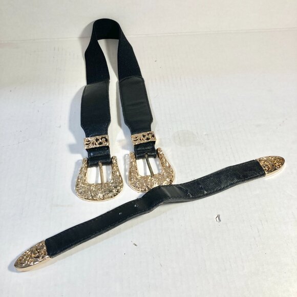 Vtg Western Stretch Faux Black Leather Gold Tone Double Buckle Womens Belt XS S - Picture 15 of 15